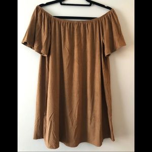 Brown suede off the shoulder dress.